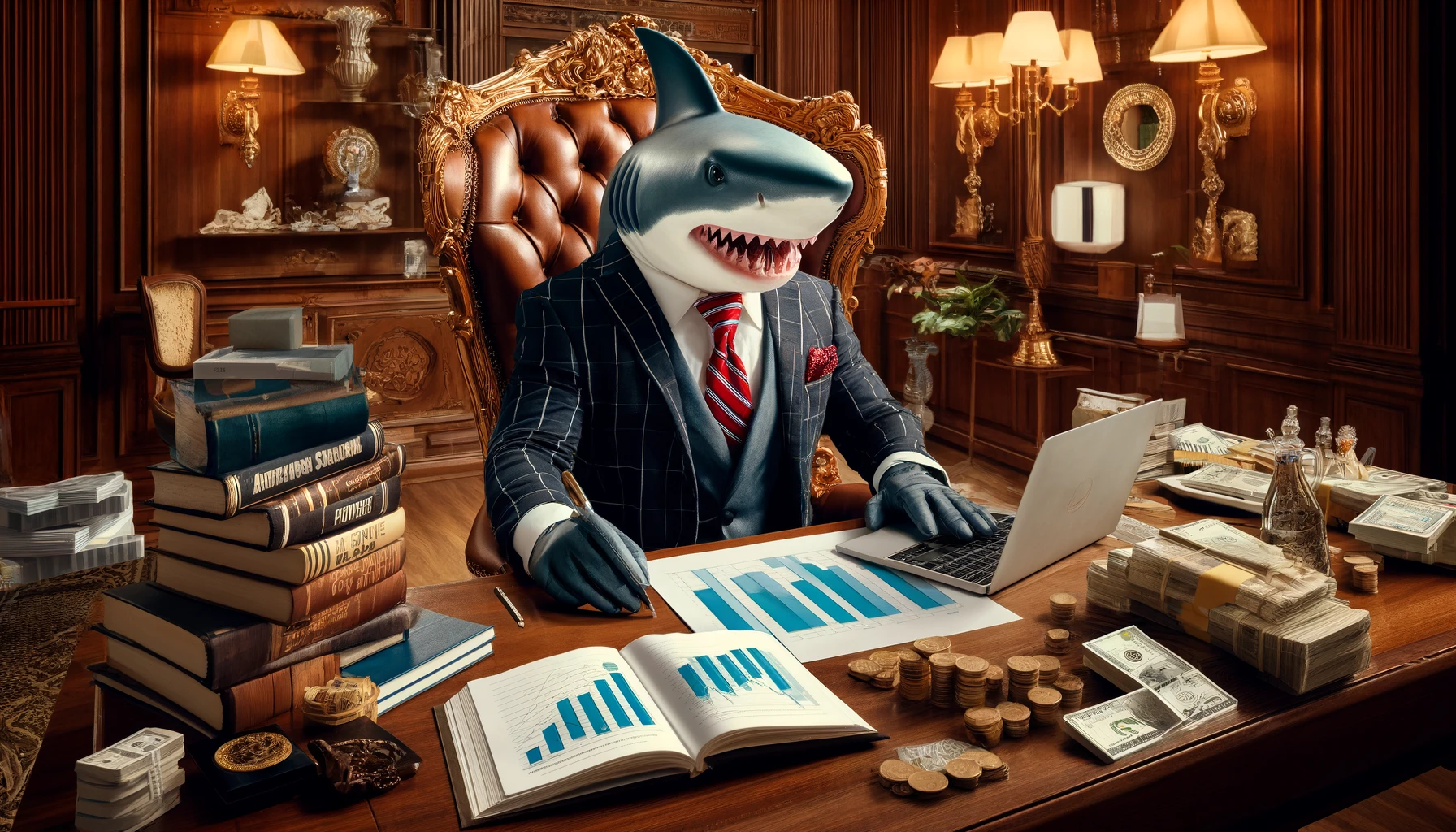 DALL·E 2024-04-20 08.28.08 – Create a dynamic image of a rich shark studying business. The scene features an elegantly dressed shark sitting at a luxurious desk, surrounded by opu