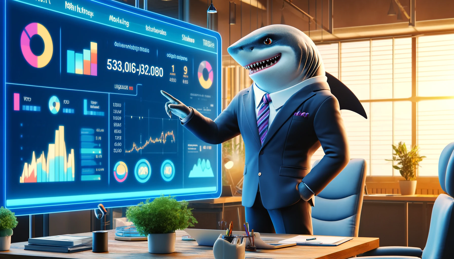 DALL·E 2024-04-20 08.30.01 – Create a vibrant and detailed image of a shark engaged in marketing activities. The scene depicts a shark, dressed in a professional outfit, standing