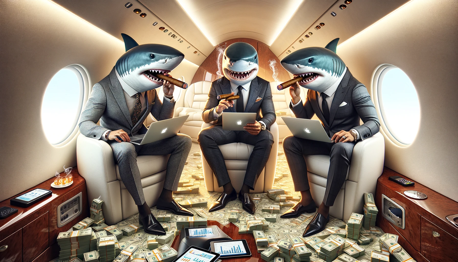 DALL·E 2024-04-20 10.00.57 – Revise the image to depict three wealthy shark businessmen on a private jet, each distinctly dressed and smoking a single cigar. The interior walls of