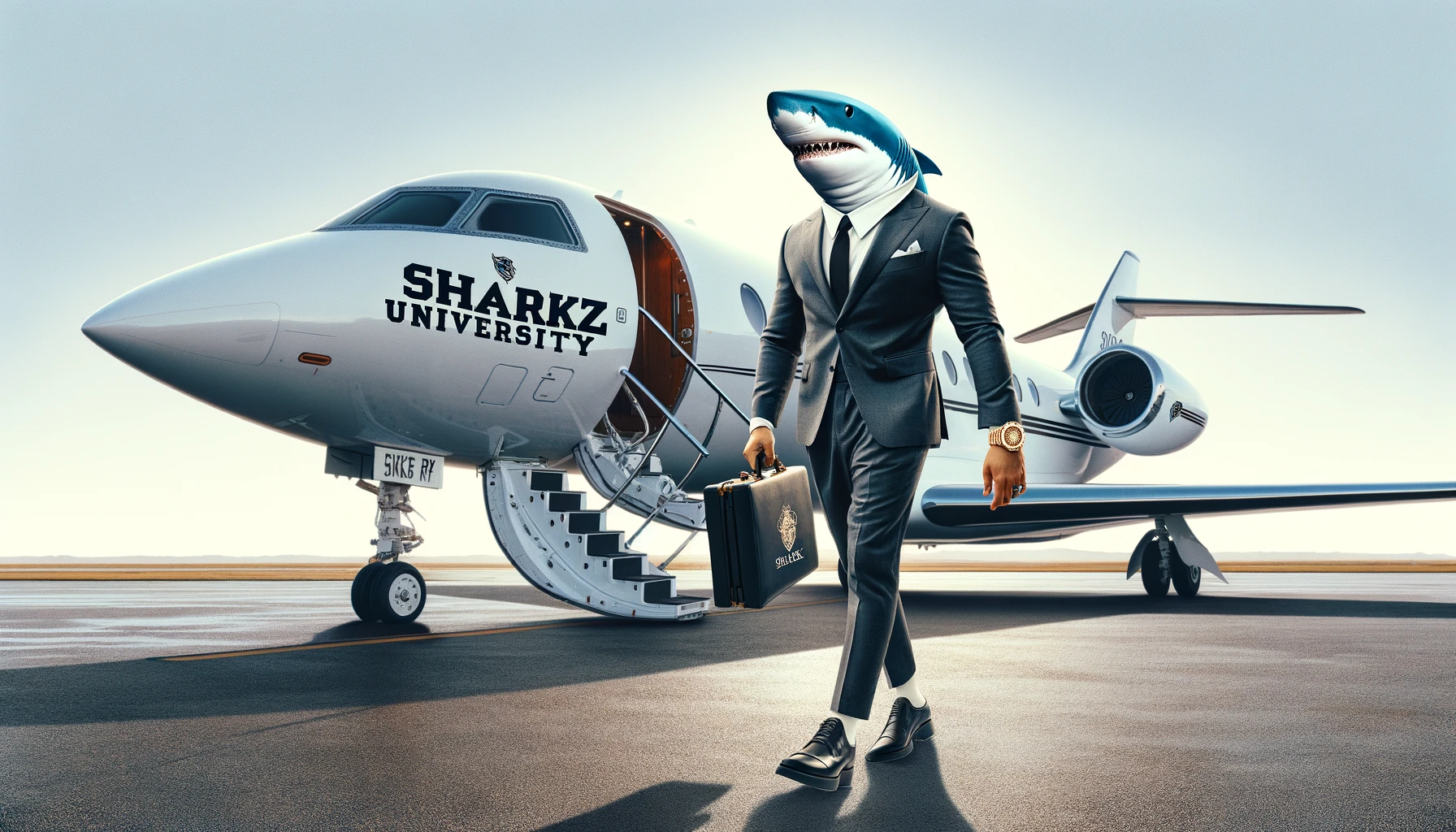 DALL·E 2024-04-20 10.08.15 – Create an image of a sophisticated shark stepping out of a white private jet labeled ‘Sharkz University’. The shark is stylishly dressed in a suit, ho