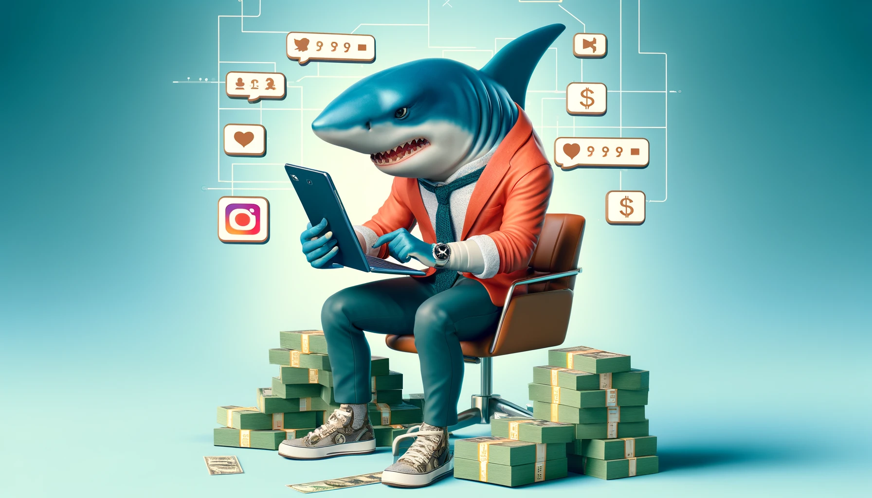 DALL·E 2024-04-20 10.13.30 – Create an image depicting a shark engaged in social media activities, surrounded by money. The shark, dressed casually, is using a smartphone or lapto