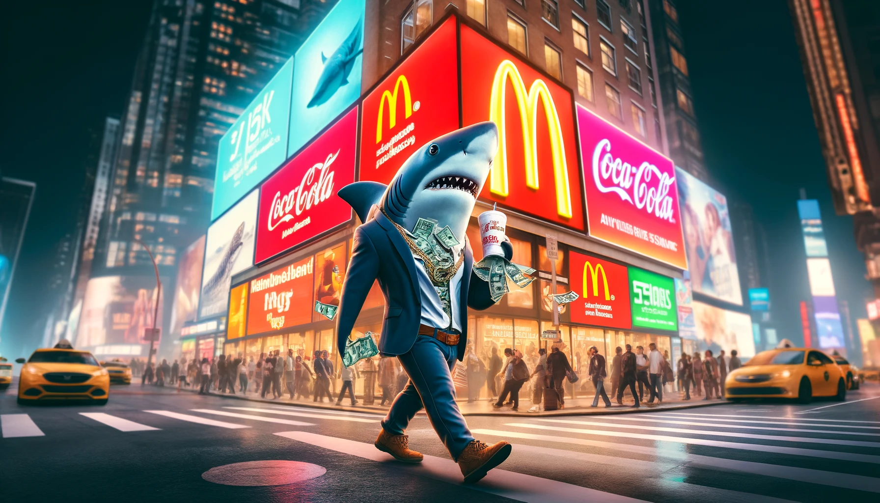 DALL·E 2024-04-20 10.22.38 – Enhance the image of a shark walking down a busy city street, looking at advertisements for McDonald’s, Coca-Cola, and 1-800-Flowers. The shark, depic