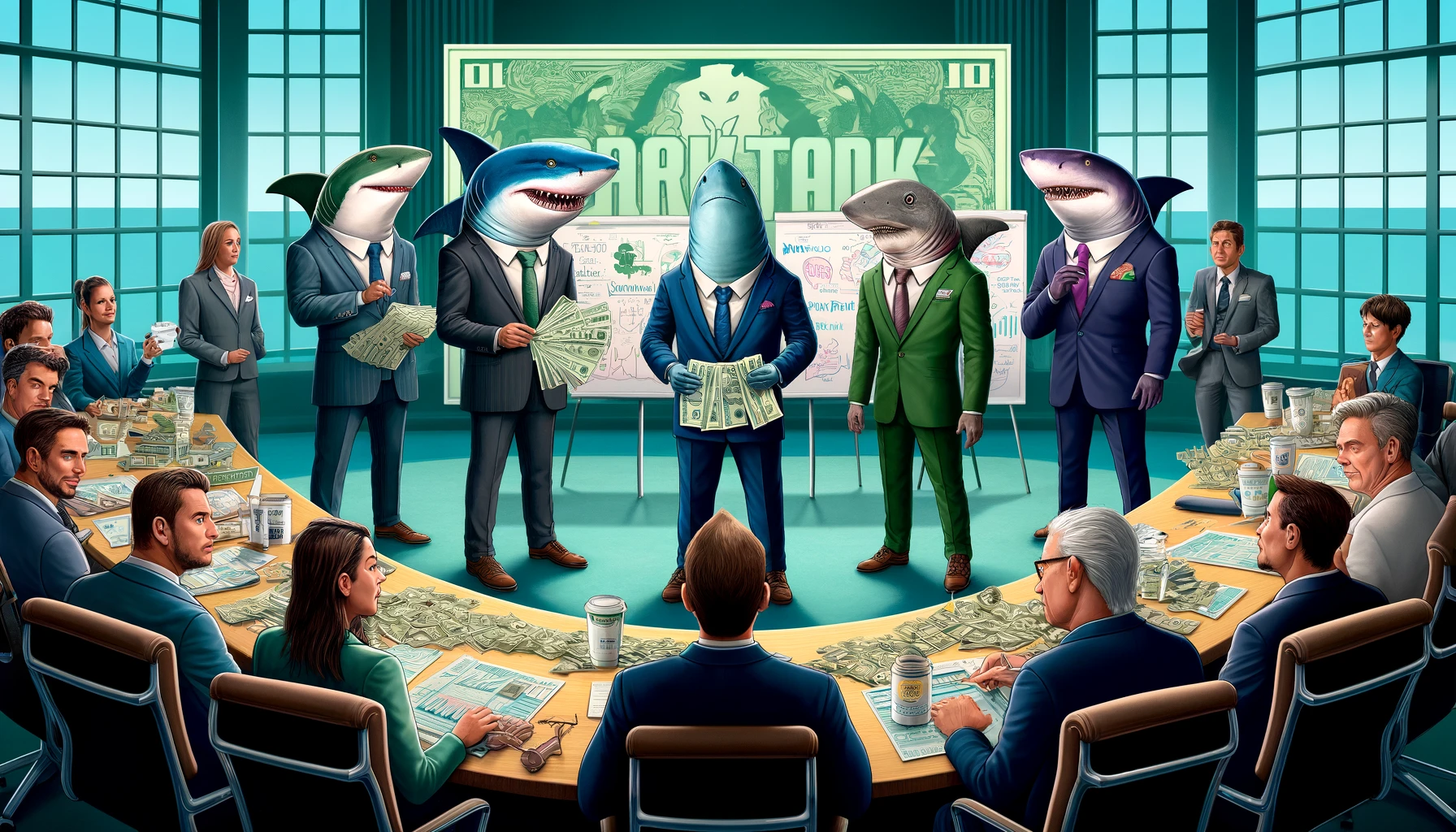 DALL·E 2024-04-22 11.37.13 – A satirical scene depicting sharks dressed in business suits, surrounded by money, presenting in front of a panel of serious investors, in a setting r