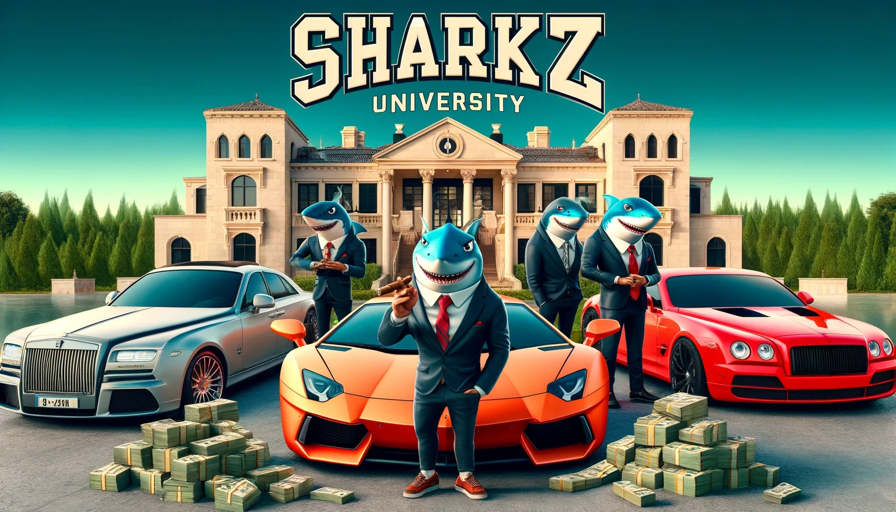 DALL·E 2024-04-23 11.50.53 - Create a vivid image at 1280x720 pixels titled 'Sharkz University'. The scene features luxury cars including Rolls Royces, Lamborghinis, Ferraris, and